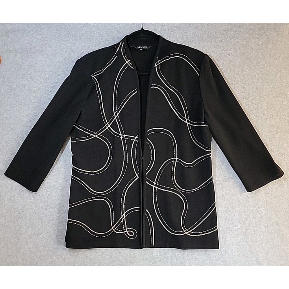 MISOOK Cardigan Black With Soft Gray Tan Embroidery Collarless Women's Sz S EUC